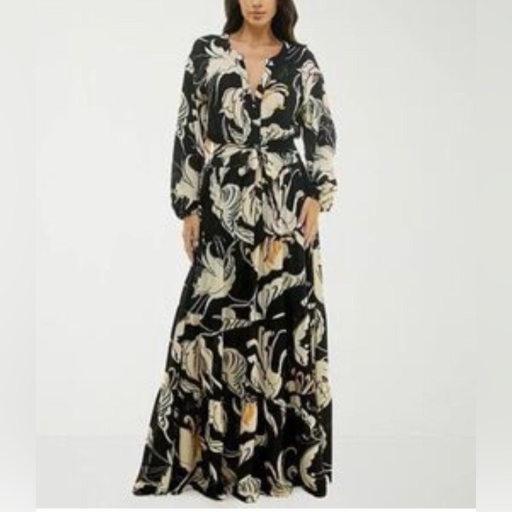 Premier Amour Women's Size 6 Maxi Dress Black Multi Floral Long Sleeve PR111779